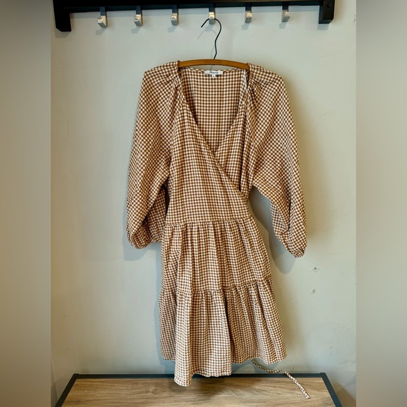 Gingham Puff-Sleeve Wrap Dress in Golden Pecan, size 1X - Picture 2 of 12